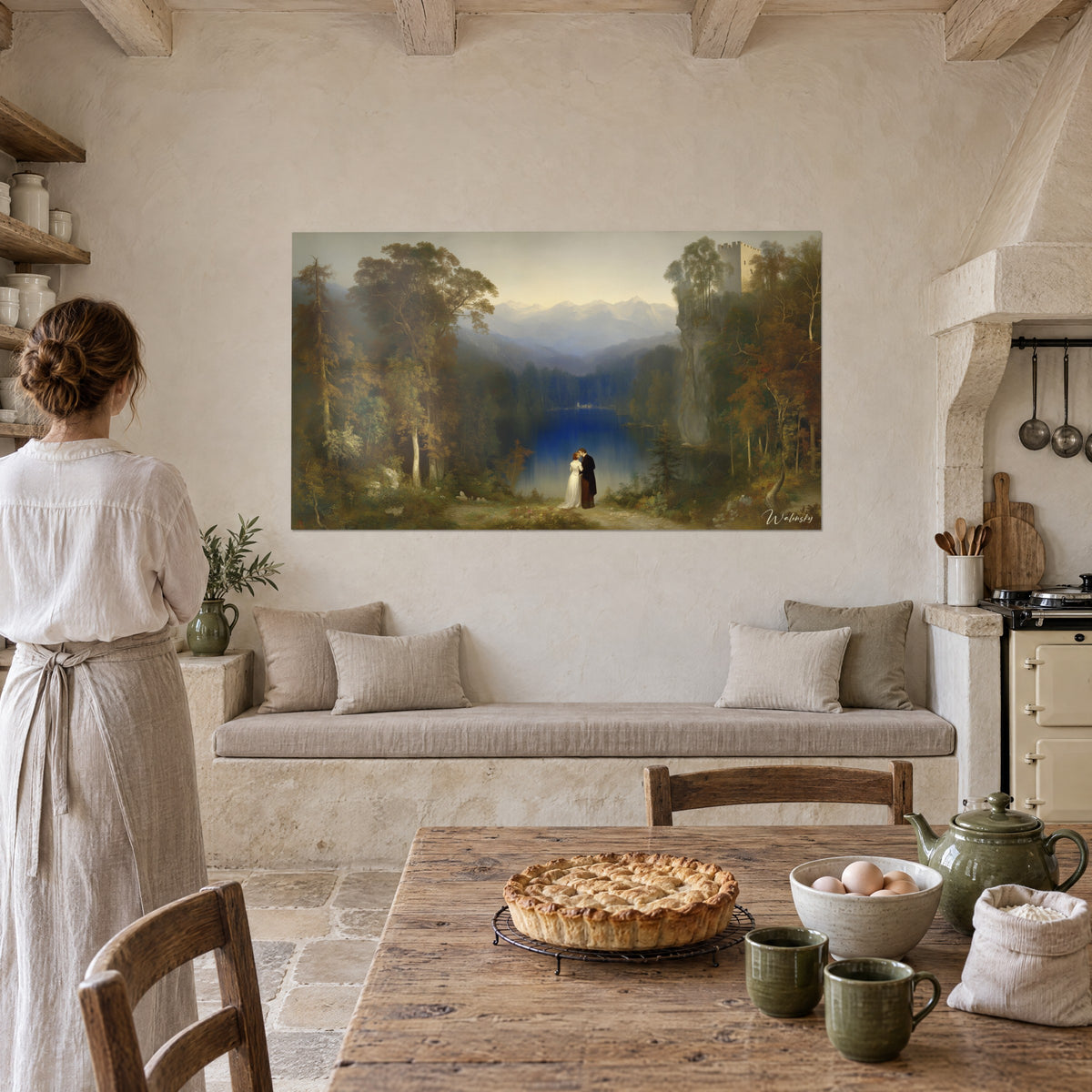 Cuadro escena romántica en plena naturaleza, acantilado y castillo almenado, lago índigo y árboles rojizos, cocina de piedra