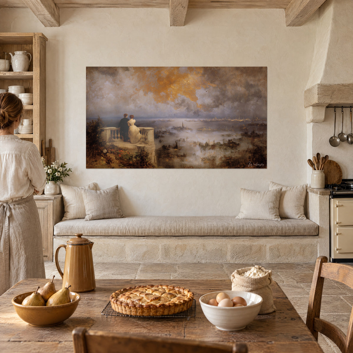 Πίνακας δίδυμο σε belvedere απέναντι στη χρυσή πόλη, ασημένια ομίχλη και ώχρα ουρανός, πάνω από πάγκο κουζίνας αγροτικού στιλ