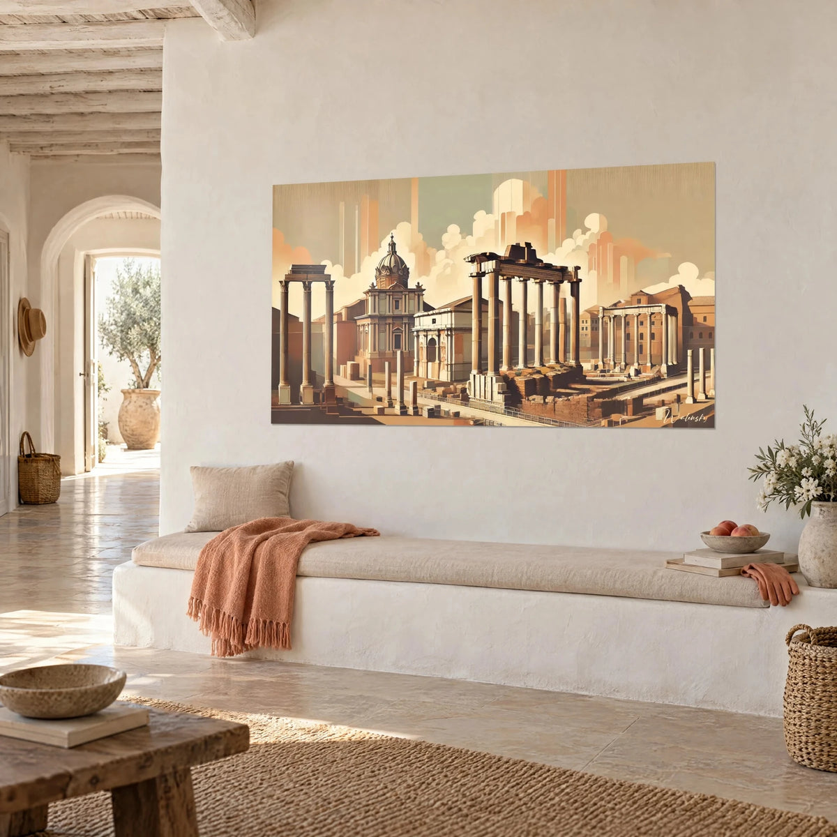 Gemälde antike Ruinen Roms, sandfarbene Säulen und pfirsichfarbener Himmel, in einer Ecke eines mediterranen Hauses