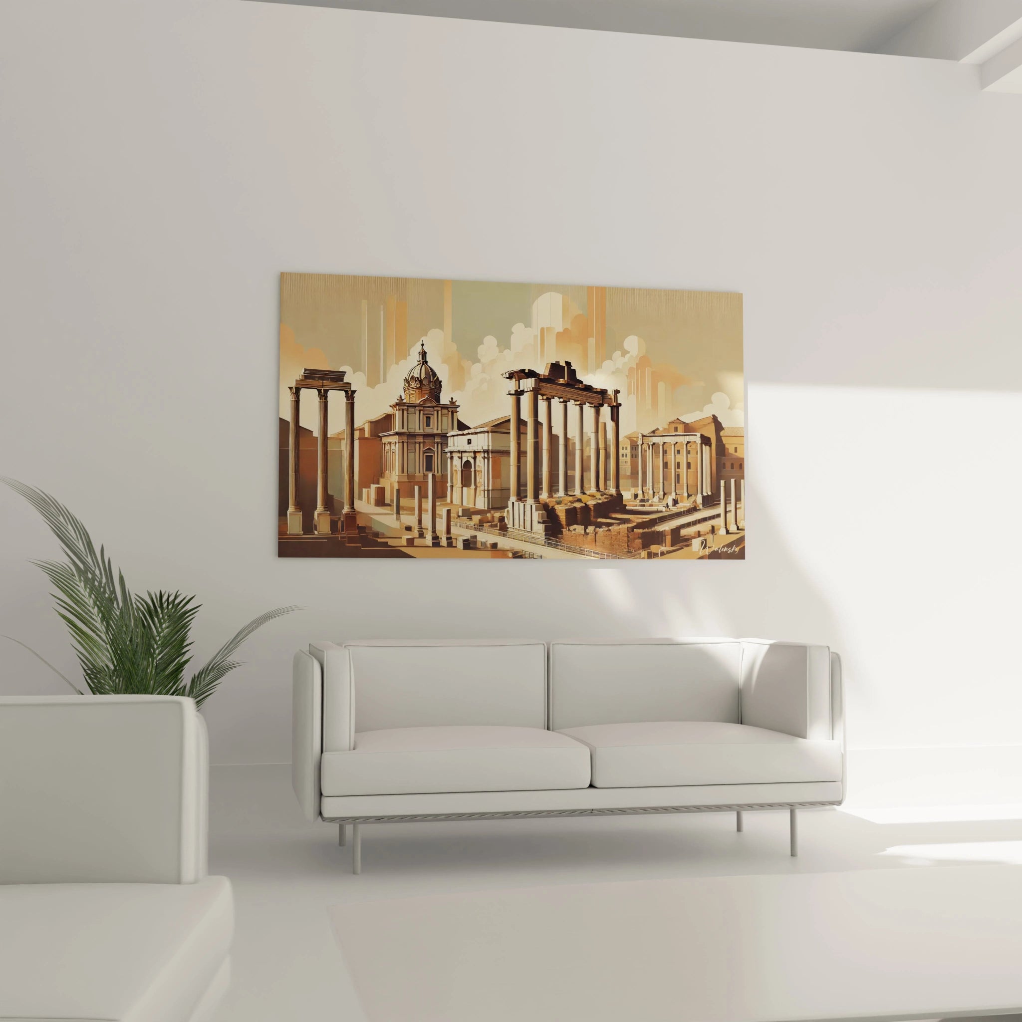 tableau rome au-dessus d un canape teintes douces beige bronze histoire modernite textures riches style minimaliste
