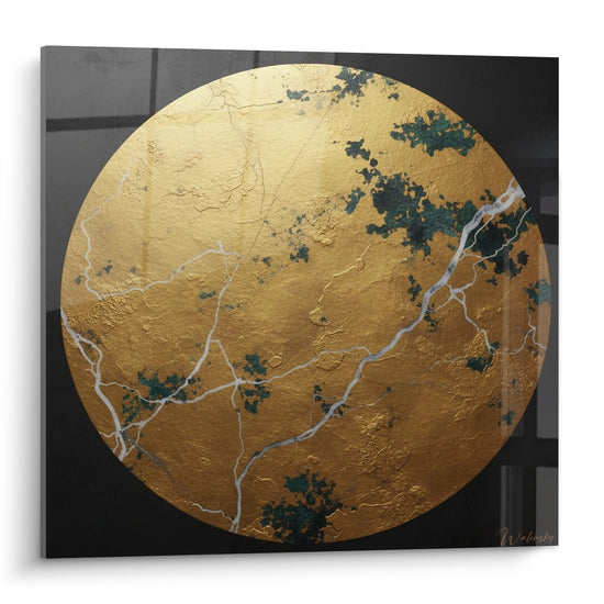 Cirkel Schilderij Gouden Cirkel met Witte Aders en Groene Patina - Minerale Harmonie - Editie Enso