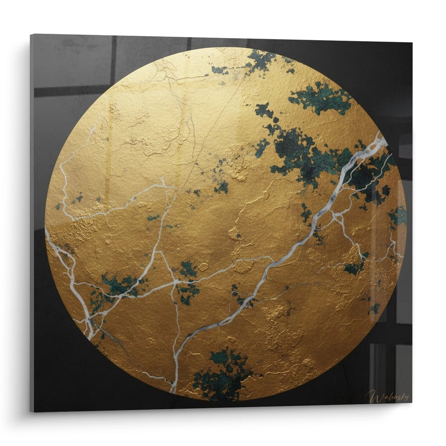 Tableau Cercle Doré aux Veines Blanches et Patine Verte - Harmonie Minérale - Edition Enso