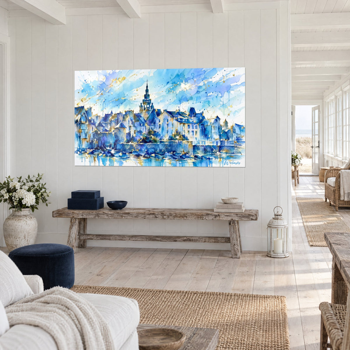 Gemälde einer Hafenstadt in Aquarell, ultramarinblau und goldocker, Kirchturm und Schieferdächer, Dreiviertelansicht, Haus am Meer