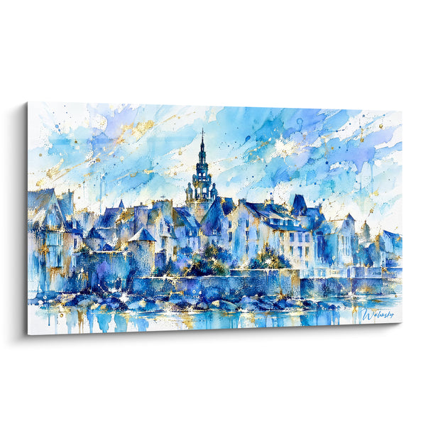 Gemälde Kirchturm und blaue Häuser am Wasser - Goldener Dunst an der Küste - Edition Roscoff Bretagne Frankreich