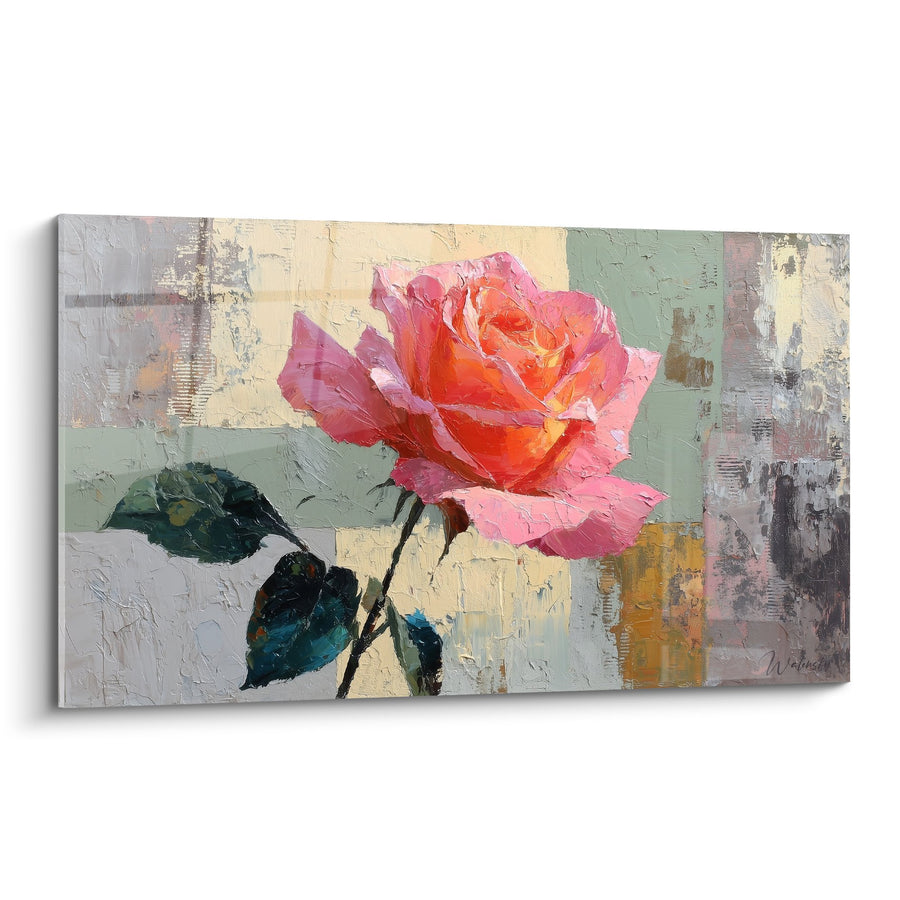Tableau Rose Corail aux Feuillages Sombres sur Fond Texturé - Élégance Florale - Edition Feng shui Sud-Ouest Terre