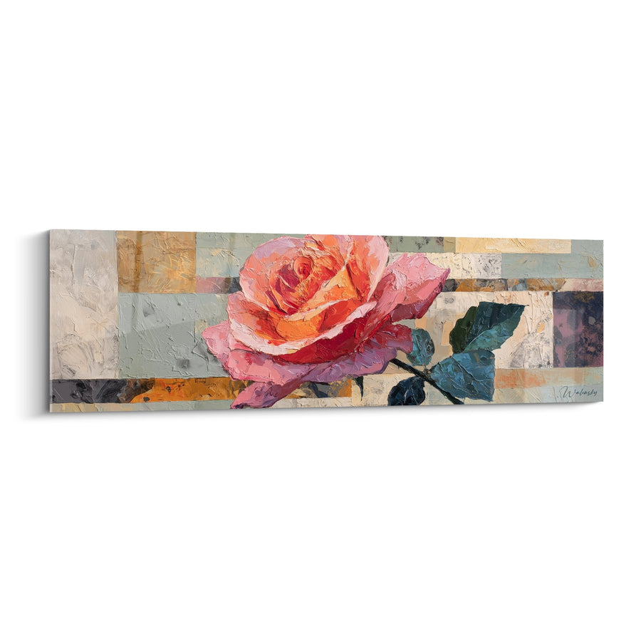 Tableau Rose Corail sur Mosaïque Géométrique Multicolore - Harmonie Florale - Edition Feng shui Sud-Ouest Terre