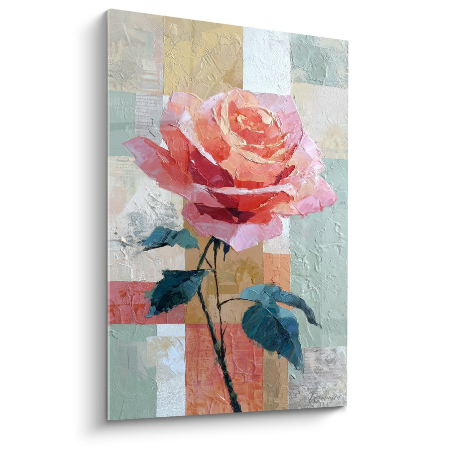 Tableau Rose Corail sur Fond Mosaïque Pastel - Floraison Délicate - Edition Feng shui Sud-Ouest Terre