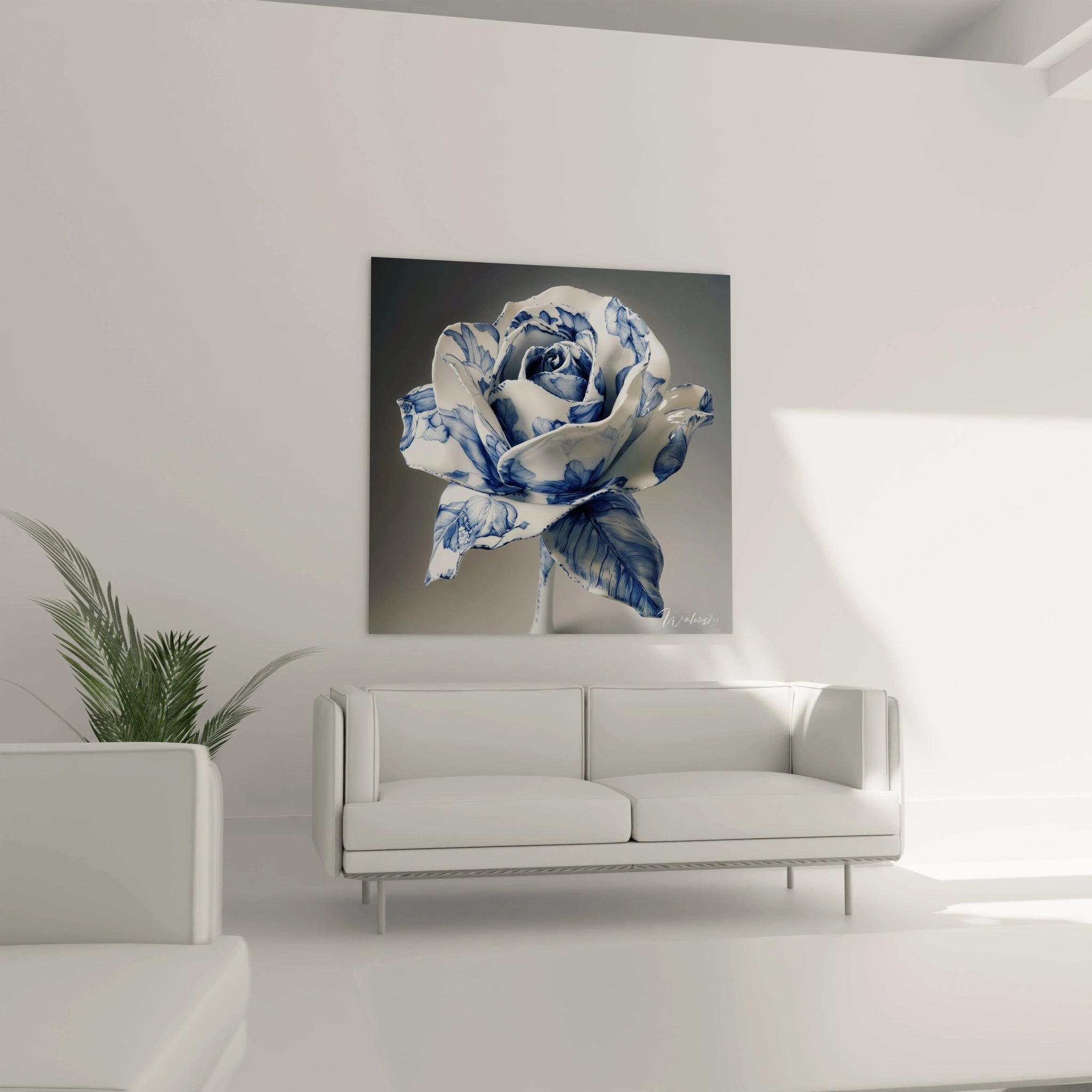 Un tableau porcelaine montrant une rose épanouie aux teintes bleues et blanches, présentant une texture lisse et réfléchissante caractéristique de la céramique fine, avec des lignes précises dessinant chaque nervure et détail des pétales qui s'enroulent délicatement depuis le cœur.
