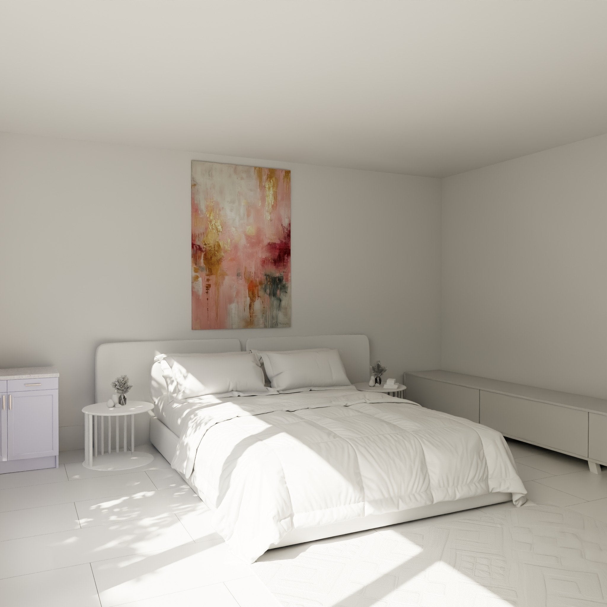 Tableau rose dore place au dessus du lit dans chambre parentale decoration feng shui harmonieuse