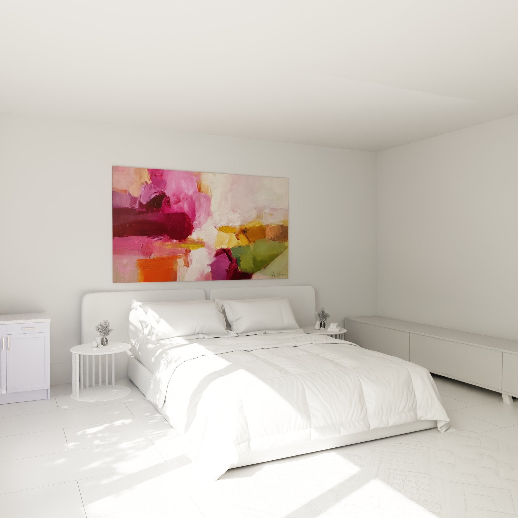 Tableau abstrait rose magenta chambre decoration murale feng shui sud feu