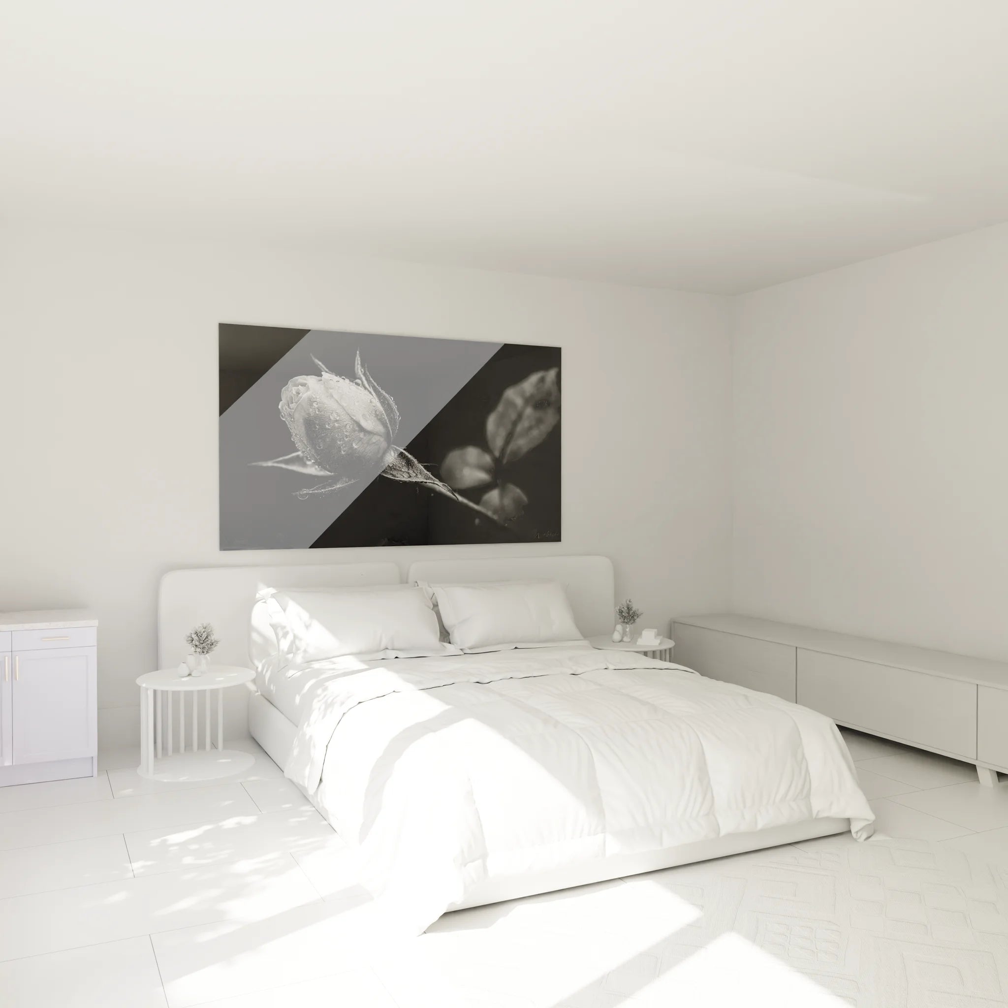 Ambiance chambre avec tableau rose monochrome, décoration murale romantique noir et blanc