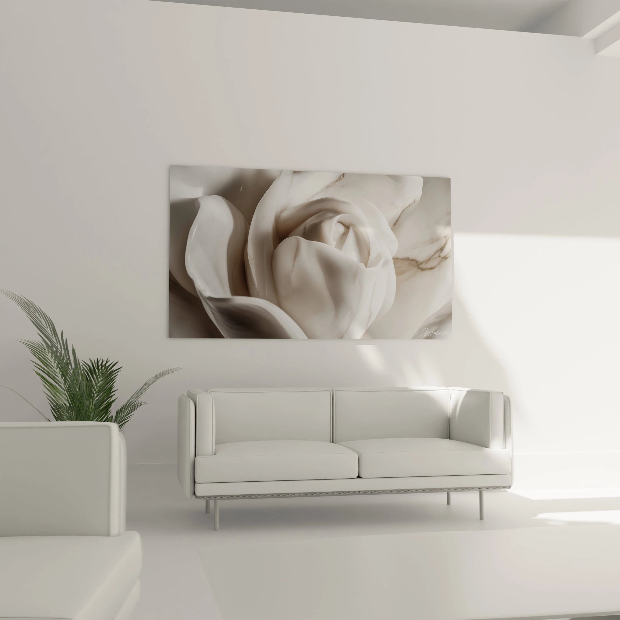 Un tableau rose nature mettant en avant une rose stylisée aux teintes blanches et beiges, avec une texture satinée et des contours légèrement marbrés, soulignant les détails des pétales en mouvement.

