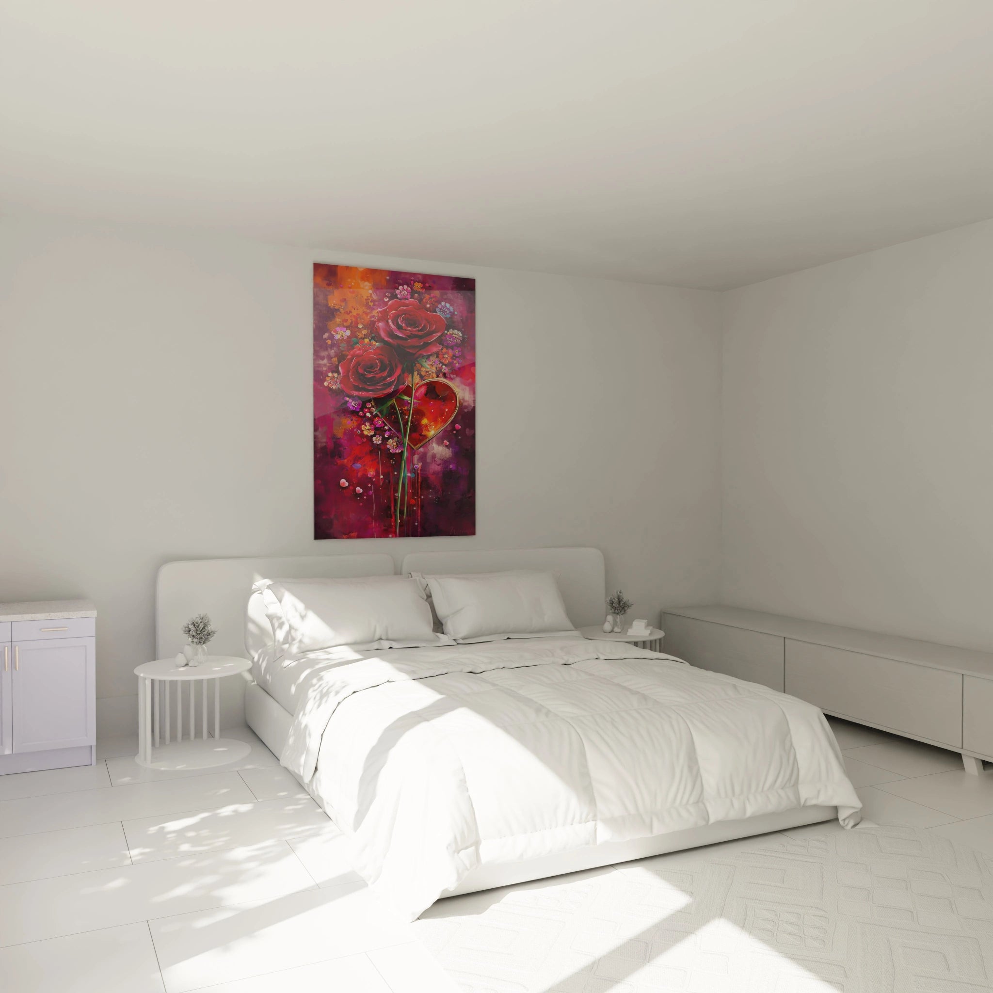 tableau rose amour Walensky tableau mural floral aux roses et coeur accroché au dessus d un lit blanc lumineux