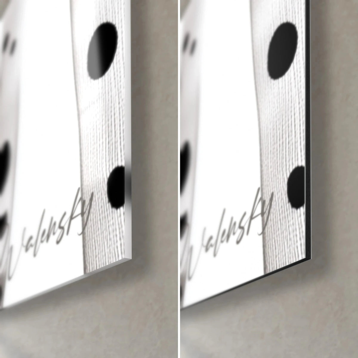 Gemälde mit schlanken weißen, schwarz getupften Halmen, untere rechte Ecke, glänzendes Acrylglas und mattes Dibond-Aluminium, 3 mm Kante