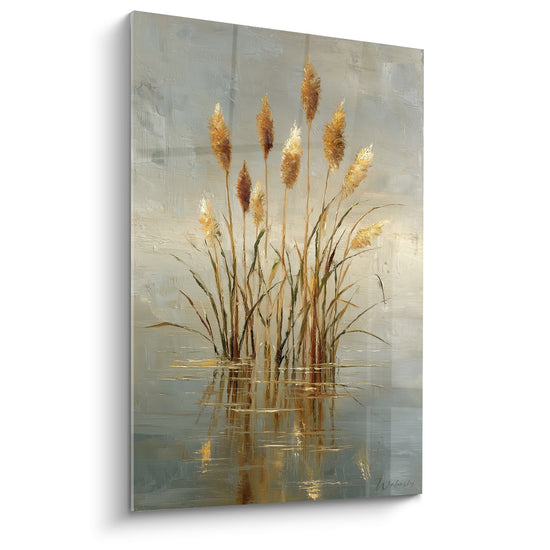 Tableau roseaux dorés plumets soyeux reflets eau calme decoration murale graminées