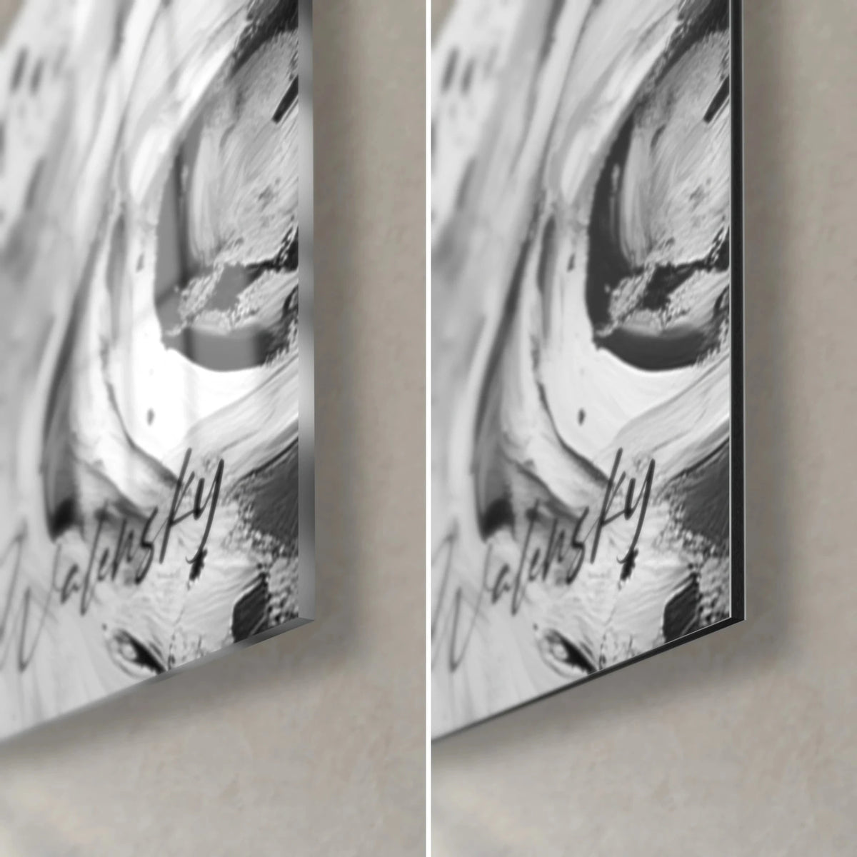 Tableau roses noir et blanc, coin bas droit : verre acrylique brillant à gauche, Dibond mat à droite, tranche noire de 3 mm