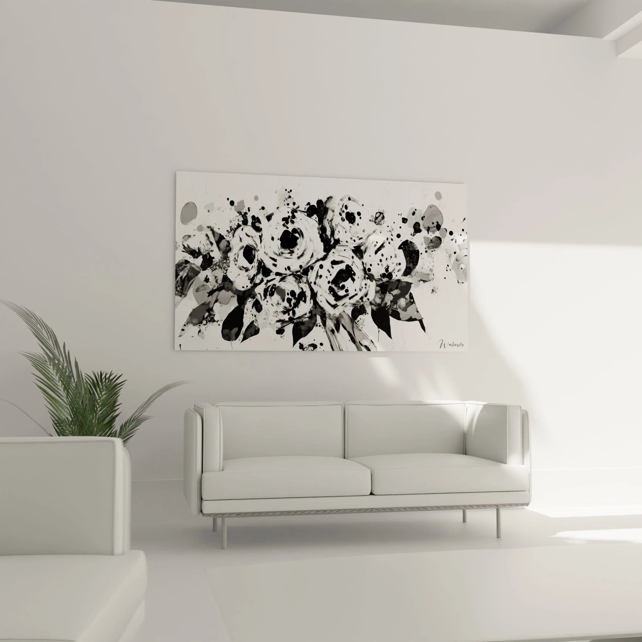 Tableau tacheté noir et blanc de Walensky représentant des fleurs, parfait pour décorer un salon moderne