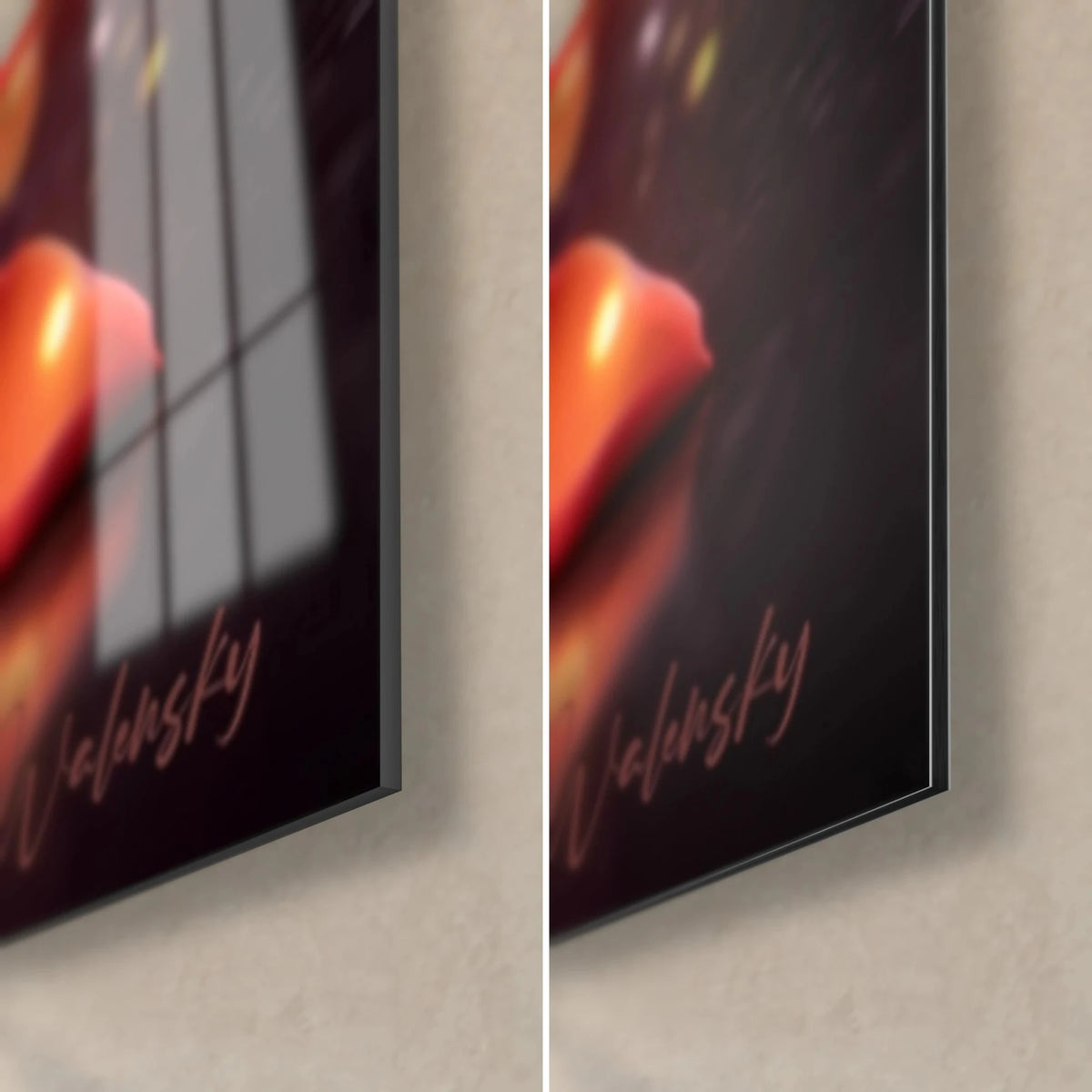 Schilderij bloeiende oranje rozen, rechtsonder: glanzend acrylglas links, mat Dibond-aluminium rechts, dikte 3 mm