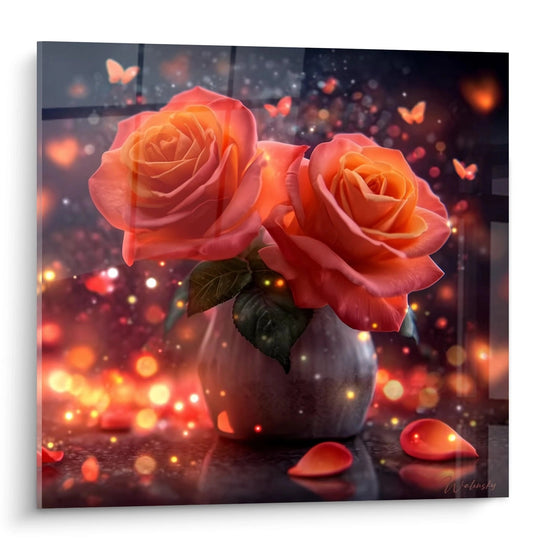 Quadro Walensky rose eterne che mostra due rose corallo in vaso con petali e luce bokeh