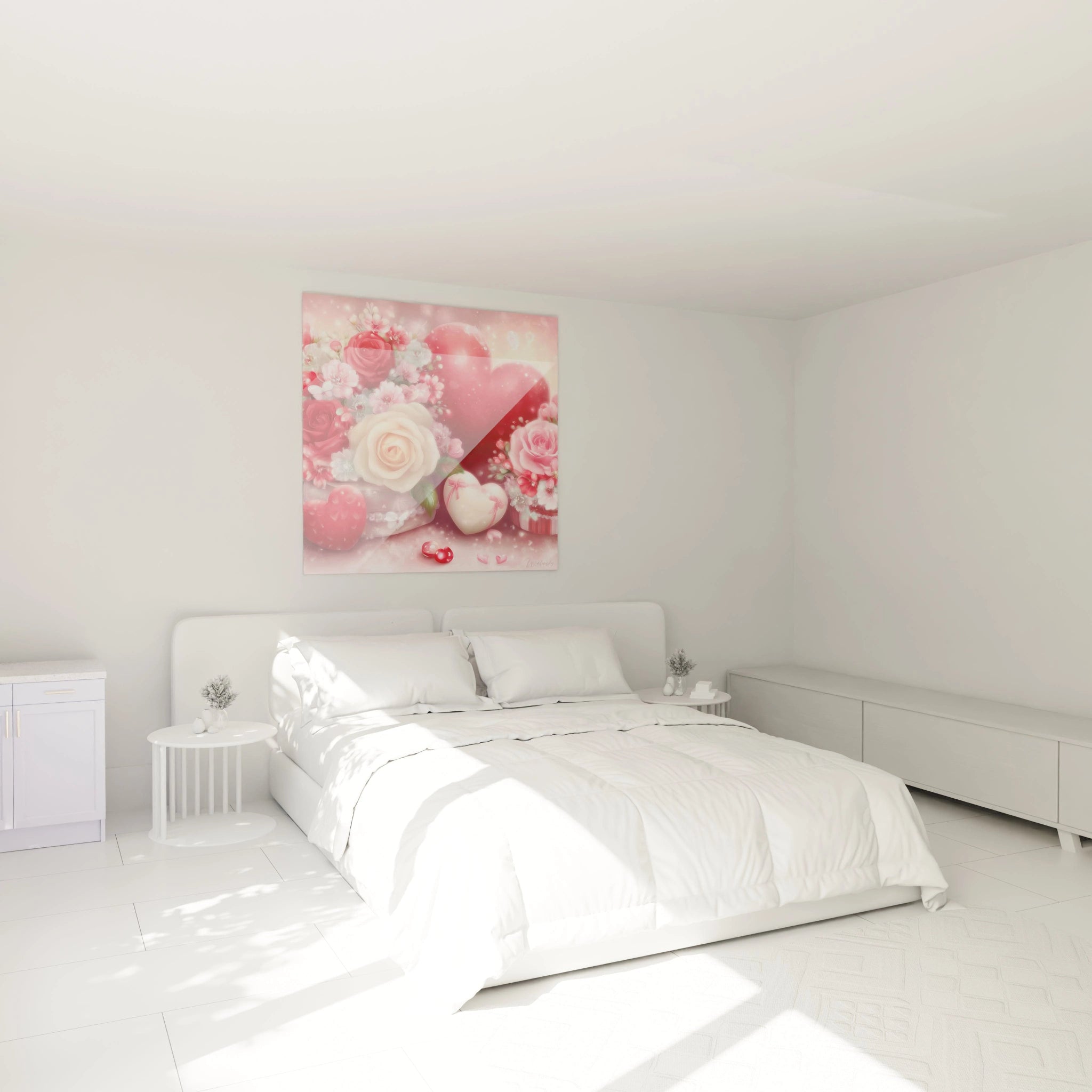 tableau roses saint valentin Walensky accroche au dessus d un lit blanc avec coeurs et roses decoratives