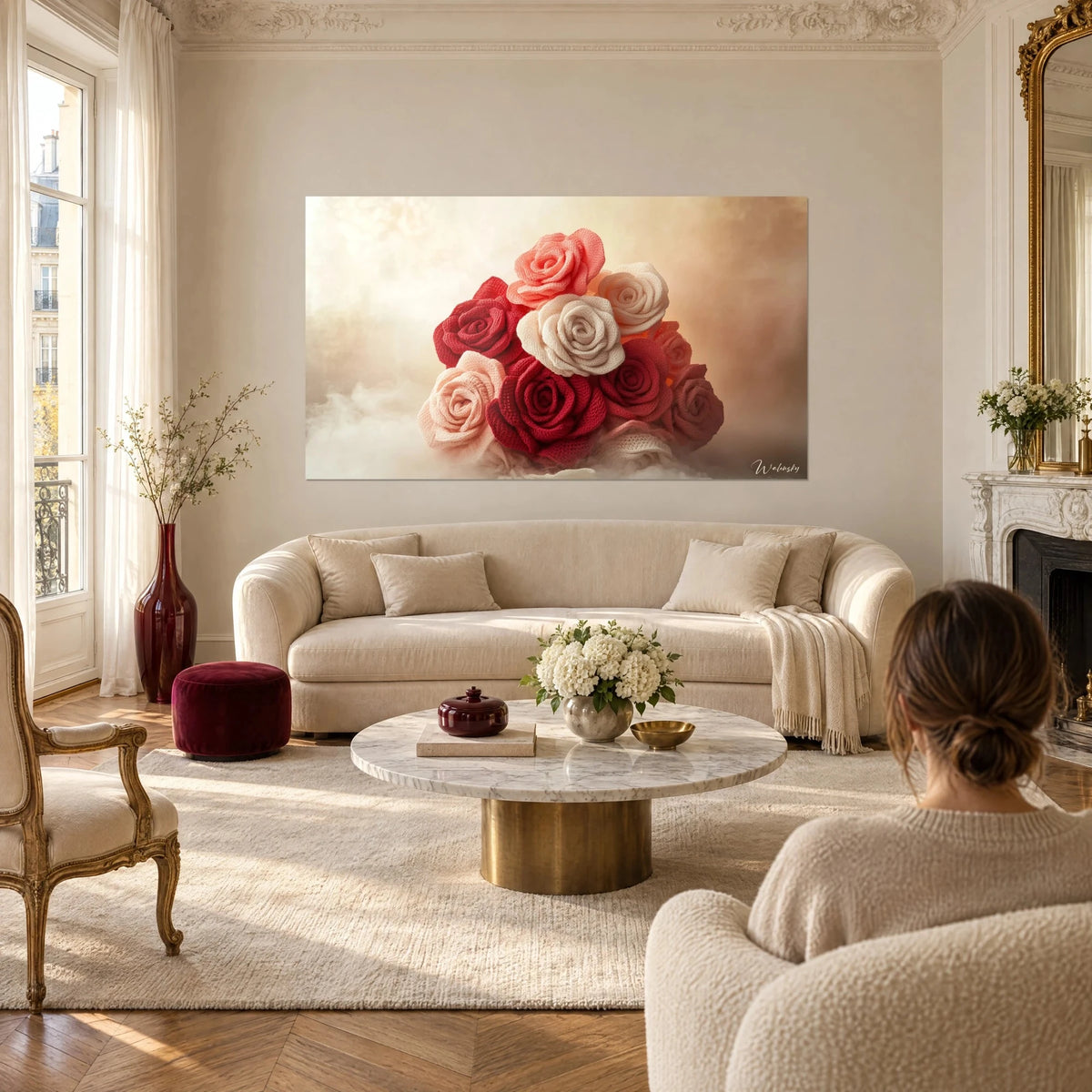Gemälde Rosenstrauß aus Häkelarbeit, Karmin- und Cremeweiß, zarter Dunst, über einem Sofa in einem hellen Wohnzimmer