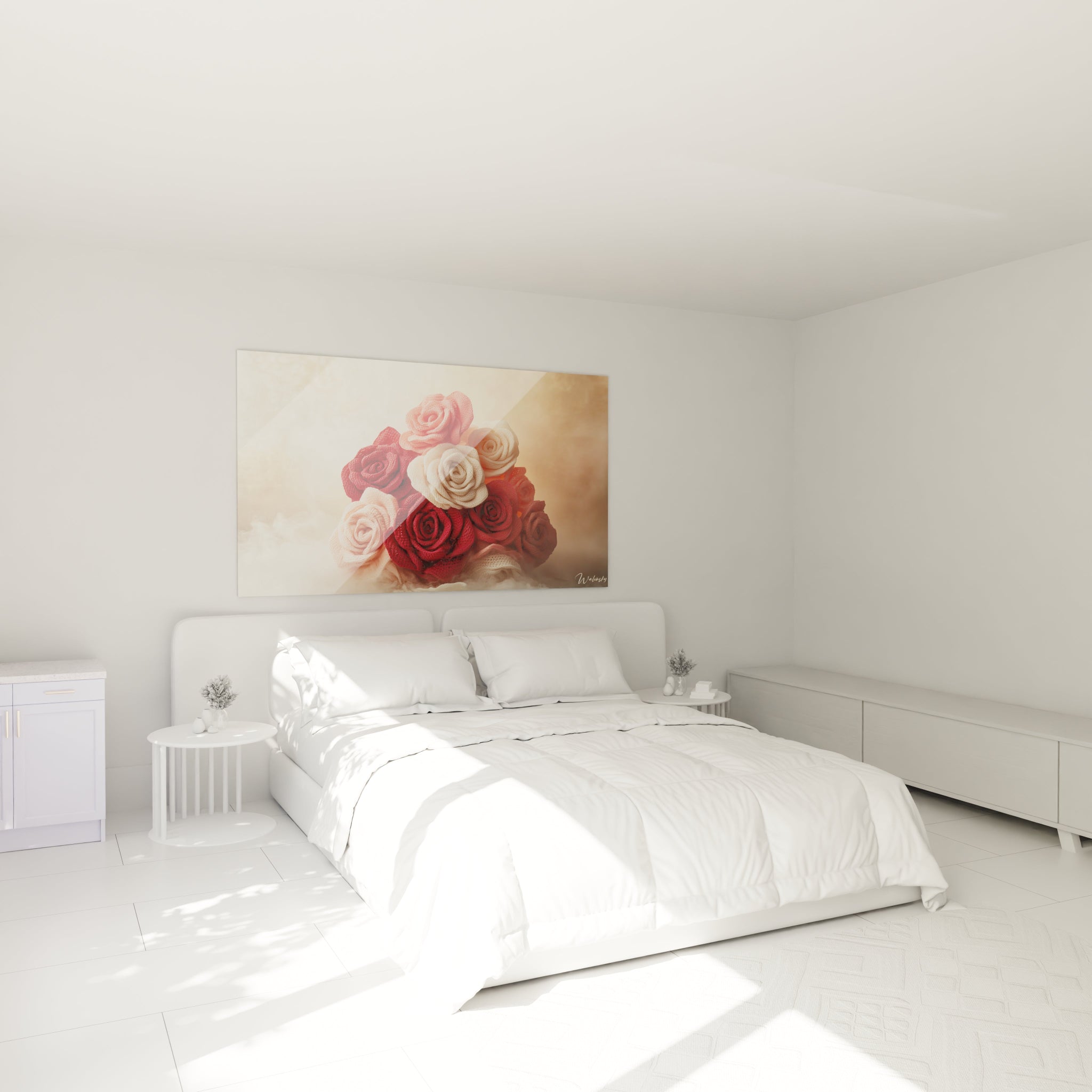 Un tableau décoratif montrant des roses en crochet aux teintes rouges, roses et blanches, minutieusement travaillées avec des points textiles visibles qui forment des spirales de pétales, créant un effet sculptural sur un arrière-plan doux et lumineux.
