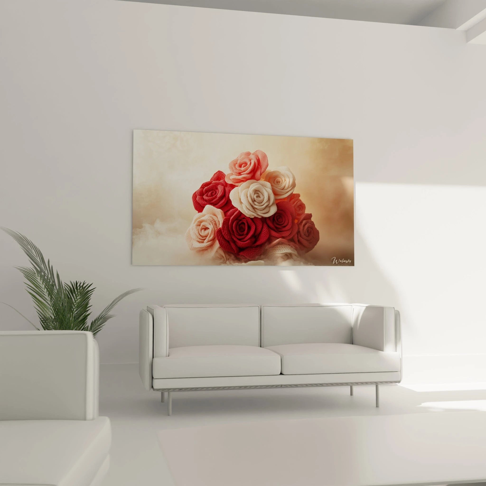 Un tableau floral composé de roses textiles réalisées au crochet dans des nuances de rouge intense, rose délicat et blanc pur, dont les fibres entrelacées forment des motifs tridimensionnels, baignées par une lumière dorée qui accentue les reliefs.
