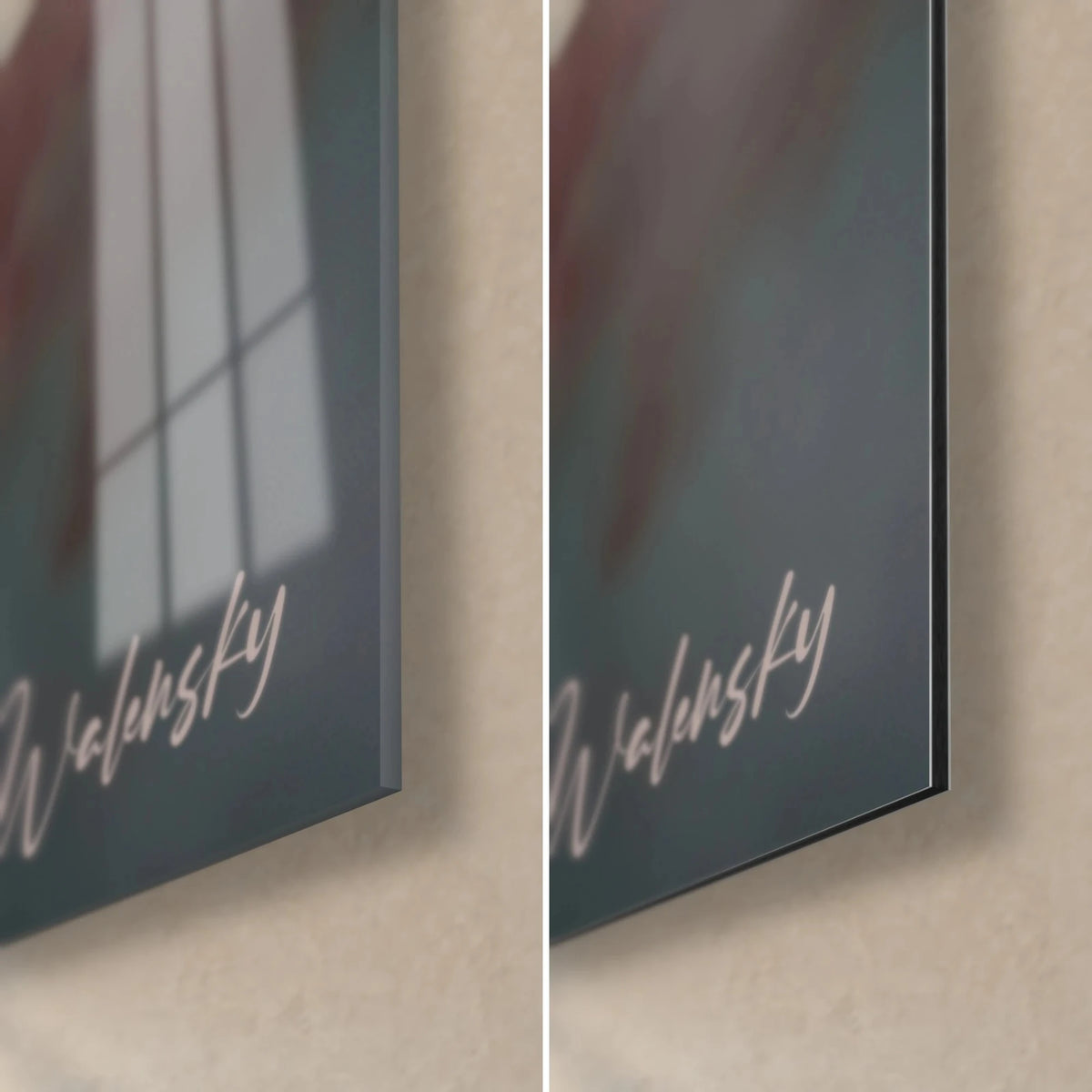 Gemälde Wollrosen, untere rechte Ecke: glänzendes Acrylglas mit Reflexen, mattes graublaues Dibond-Aluminium, 3 mm Kante