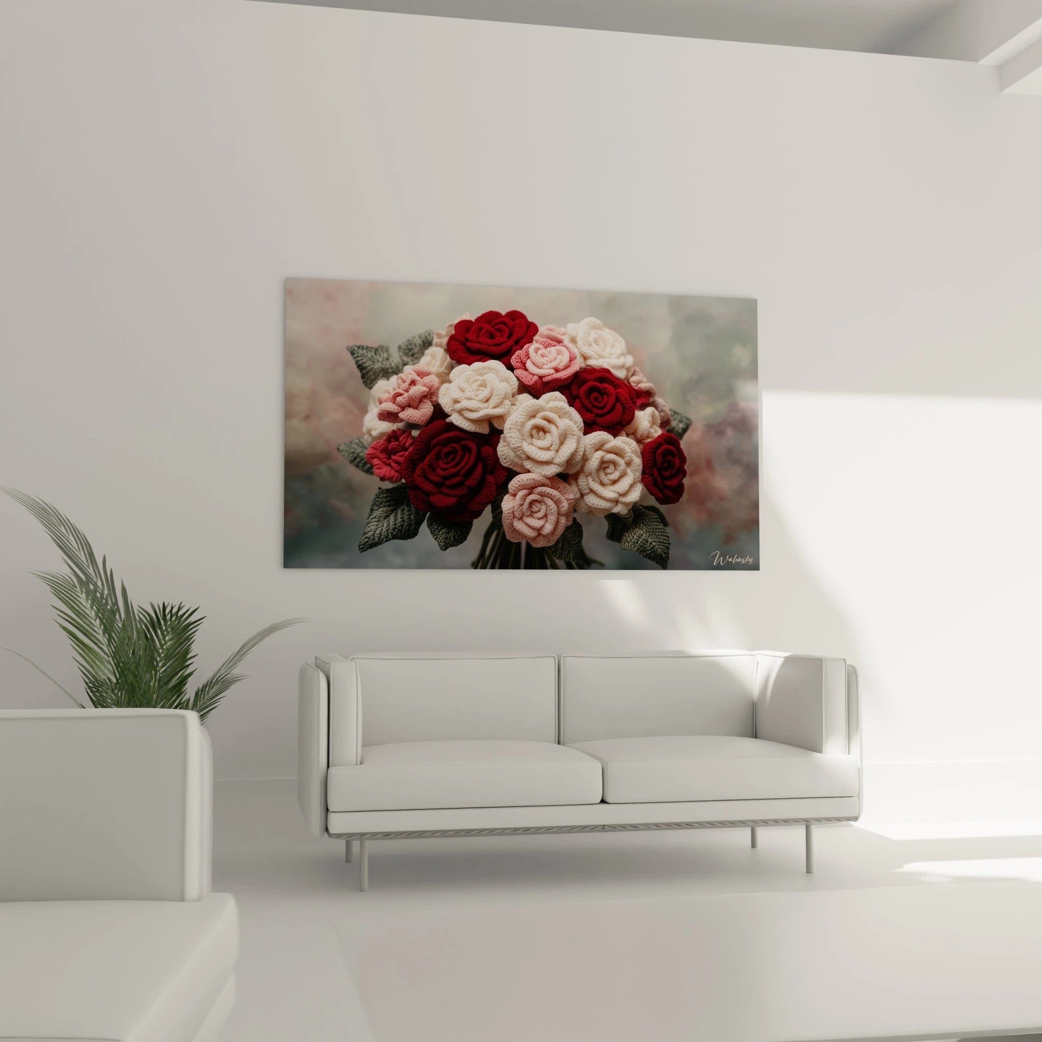 Un tableau crochet artisanal montrant un bouquet de roses aux textures multidimensionnelles, avec un contraste saisissant entre les fleurs rouge profond, blanc immaculé et rose tendre, accompagnées de feuilles gris-vert, sur un arrière-plan doux et flou.
