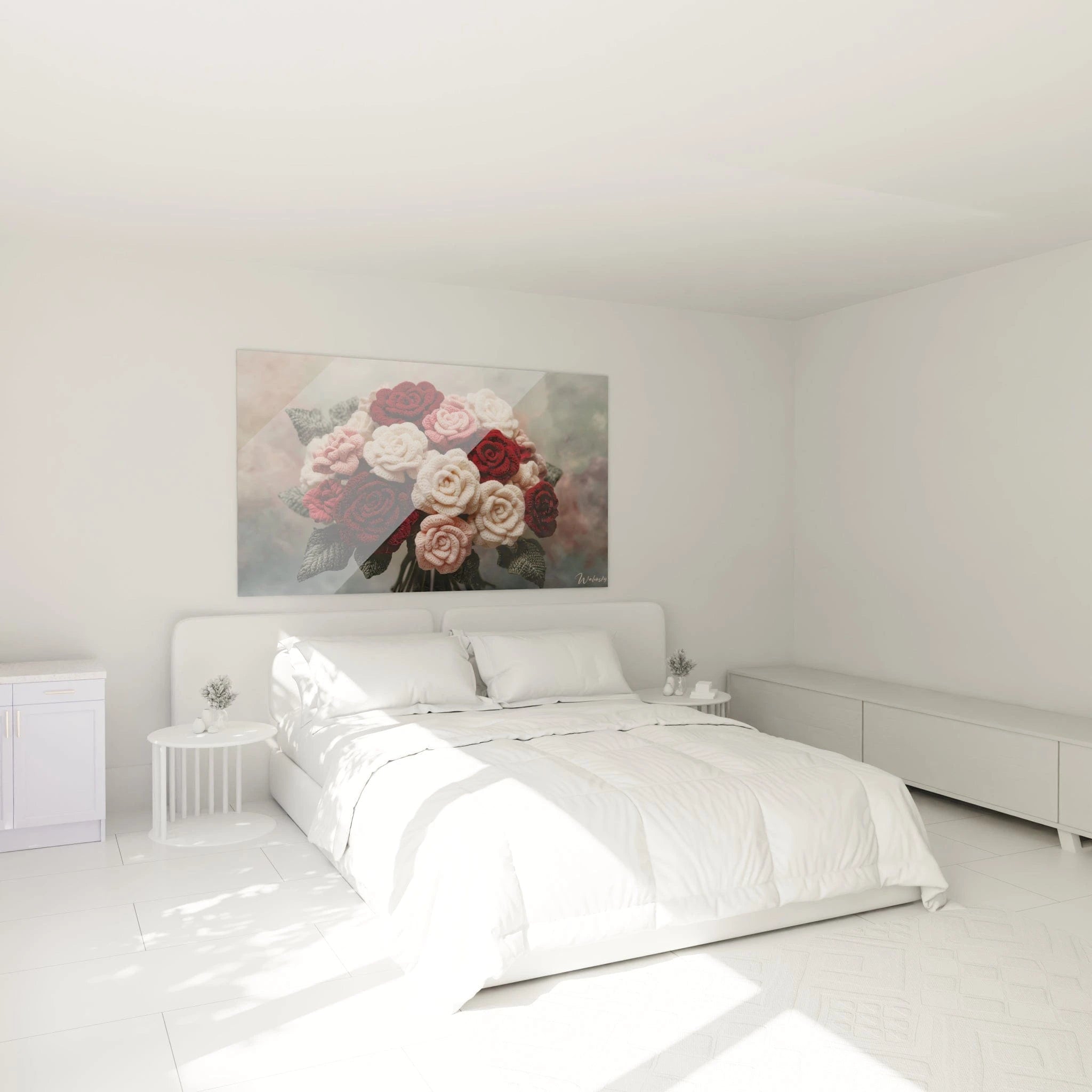 Un tableau crochet de fleurs textiles représentant un arrangement de roses dans des teintes rouges, blanches et roses, formant un bouquet délicat, où chaque pétale est délicatement travaillé avec des points de crochet précis créant des textures tridimensionnelles.
