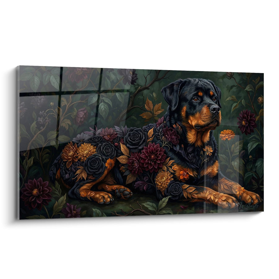 Tableau Rottweiler Allongé aux Fleurs Sombres - Élégance Florale - Edition Rottweiler