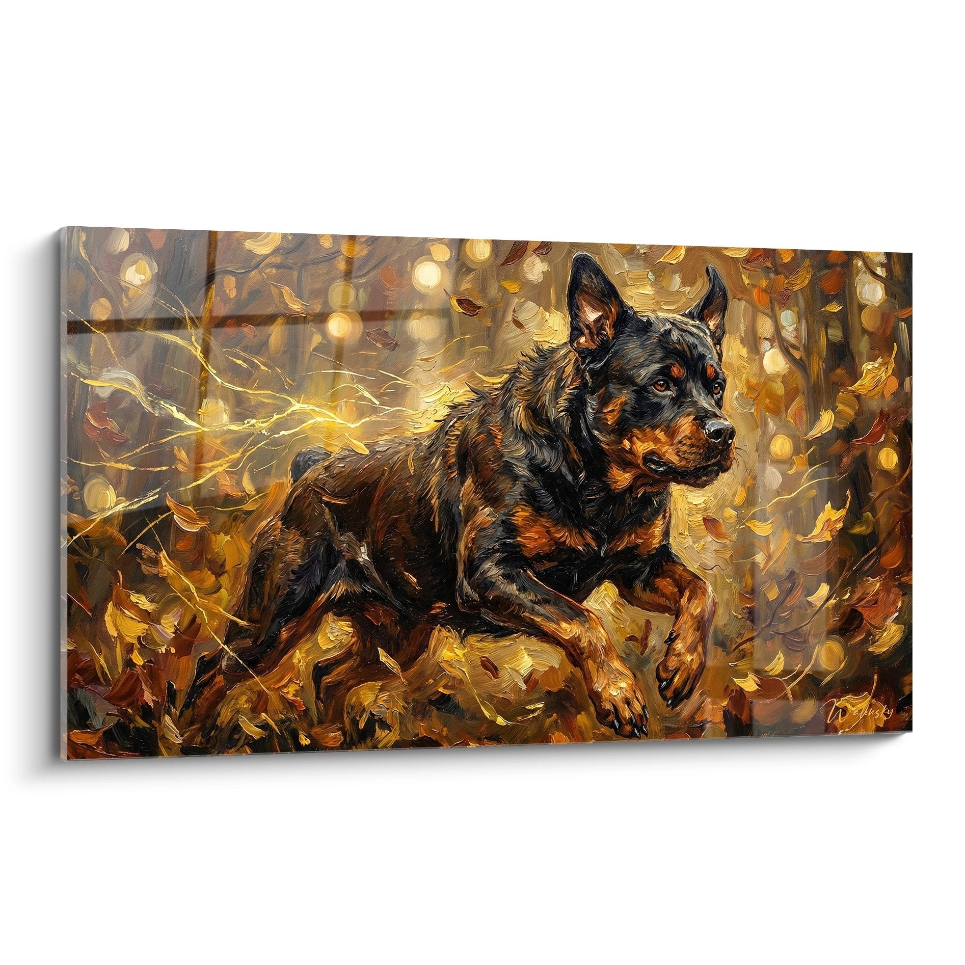 Tableau artistique Rottweiler pelage noir feu feuilles automne dorées ambrées tons chauds