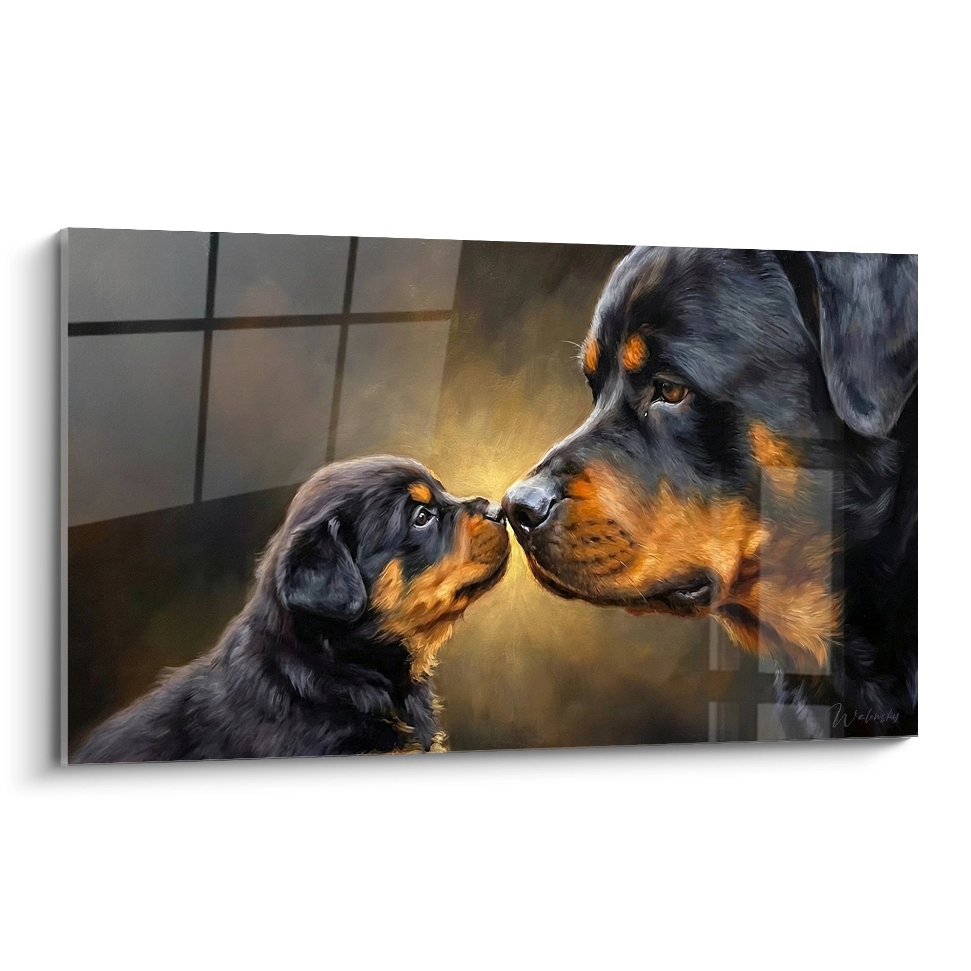 Rottweiler adulte et chiot museaux fauves se touchant sur fond anthracite doré