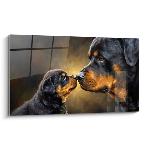 Tableau Chiot et adulte museaux noirs et fauves - Premier contact - Edition Rottweiler