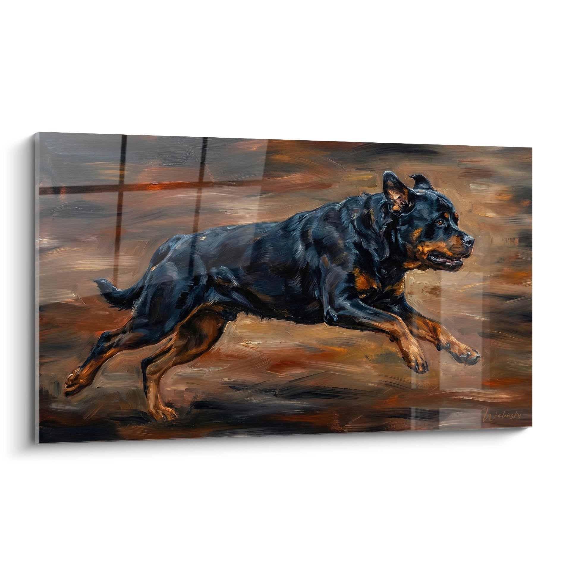 Tableau peinture Rottweiler noir et feu en pleine course sur fond ocre et orange avec effet mouvement dynamique