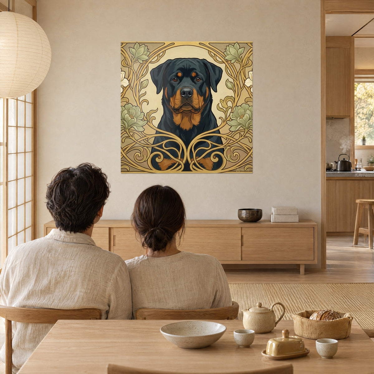 Gemälde Wächterhund mit schwarzer Brust, fahlem Fang und goldenen Jugendstil-Ornamenten, gegenüber einem Paar von hinten, Holztisch und Teekanne