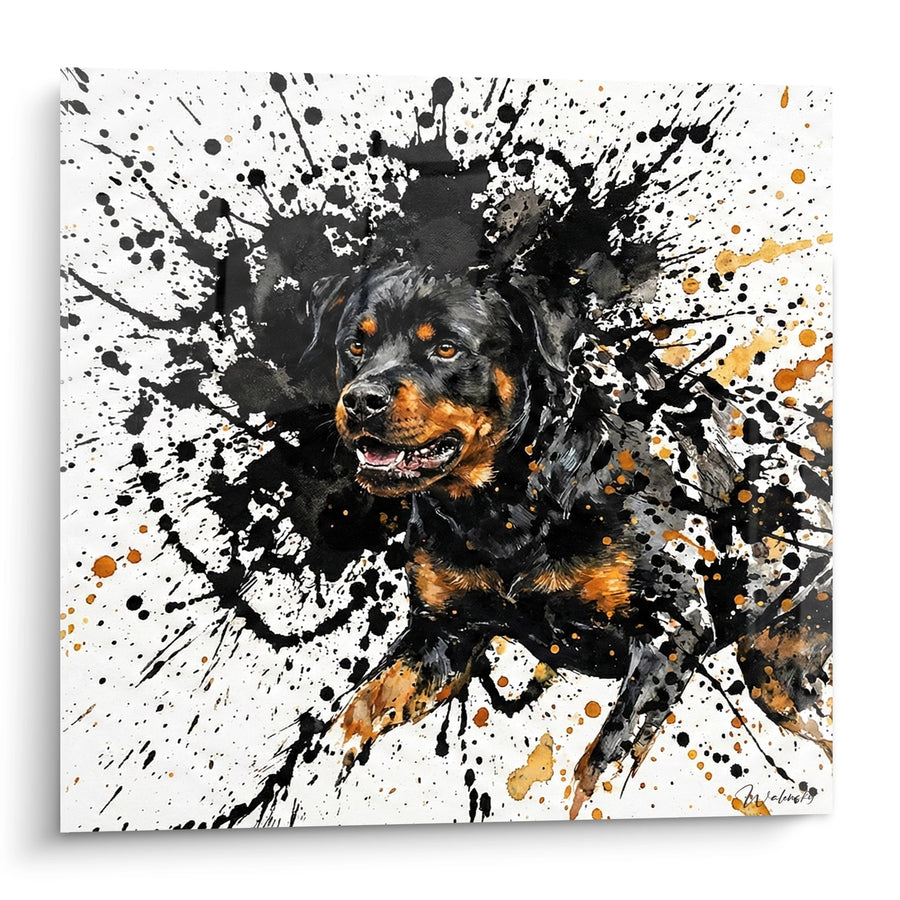 Tableau Chien Noir et Feu sur Éclaboussures de Peinture - Explosion Artistique - Edition Rottweiler