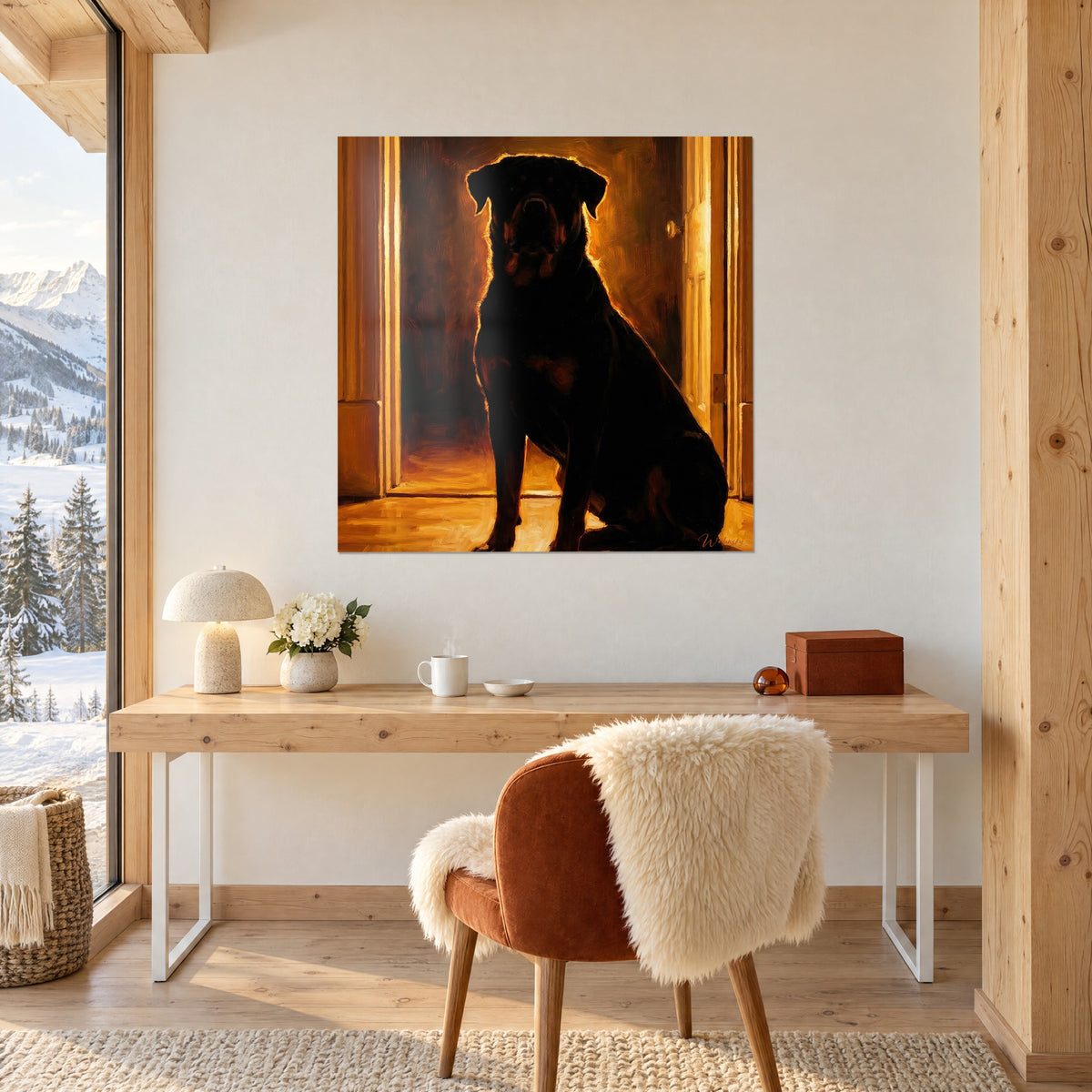 Quadro ritratto di rottweiler in ombra cinese, sfondo ramato e ocra, alla parete di uno studio in legno chiaro con sedia color ruggine e pelliccia