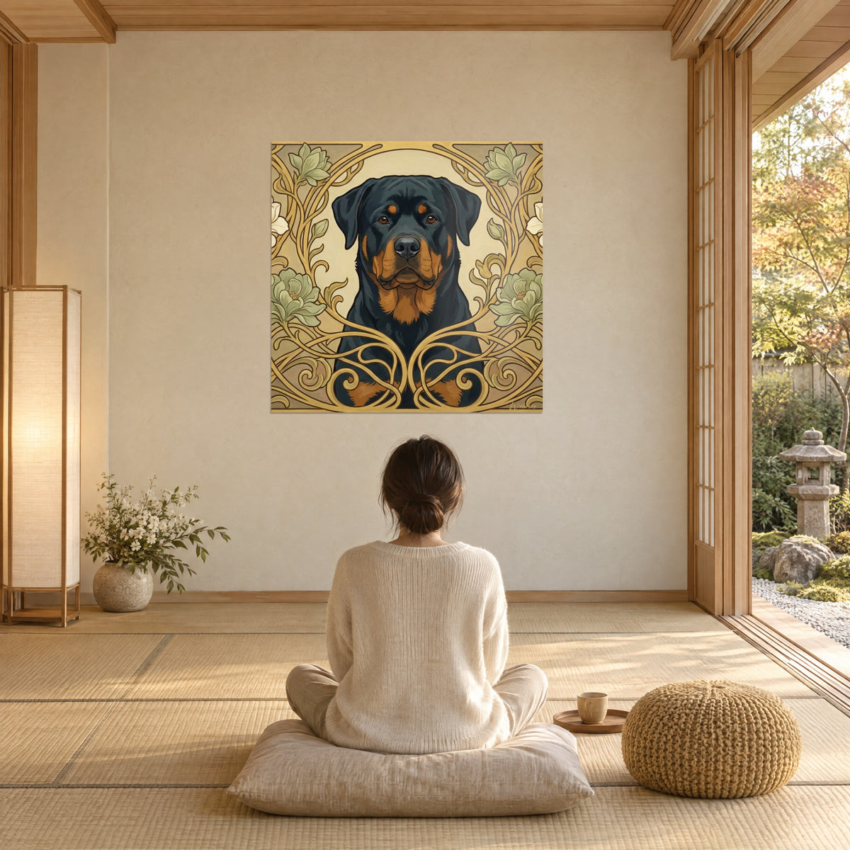 Gemälde schwarzer und rotbrauner Wachhund, goldener Blumenrahmen auf Creme, vor einer von hinten gesehenen Frau, die auf einem Kissen nahe dem Garten sitzt