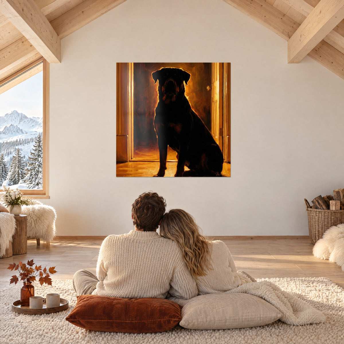 Quadro maestoso cane nero seduto nella luce dorata di una porta, sfondo marrone-arancio; una coppia abbracciata di spalle, chalet innevato