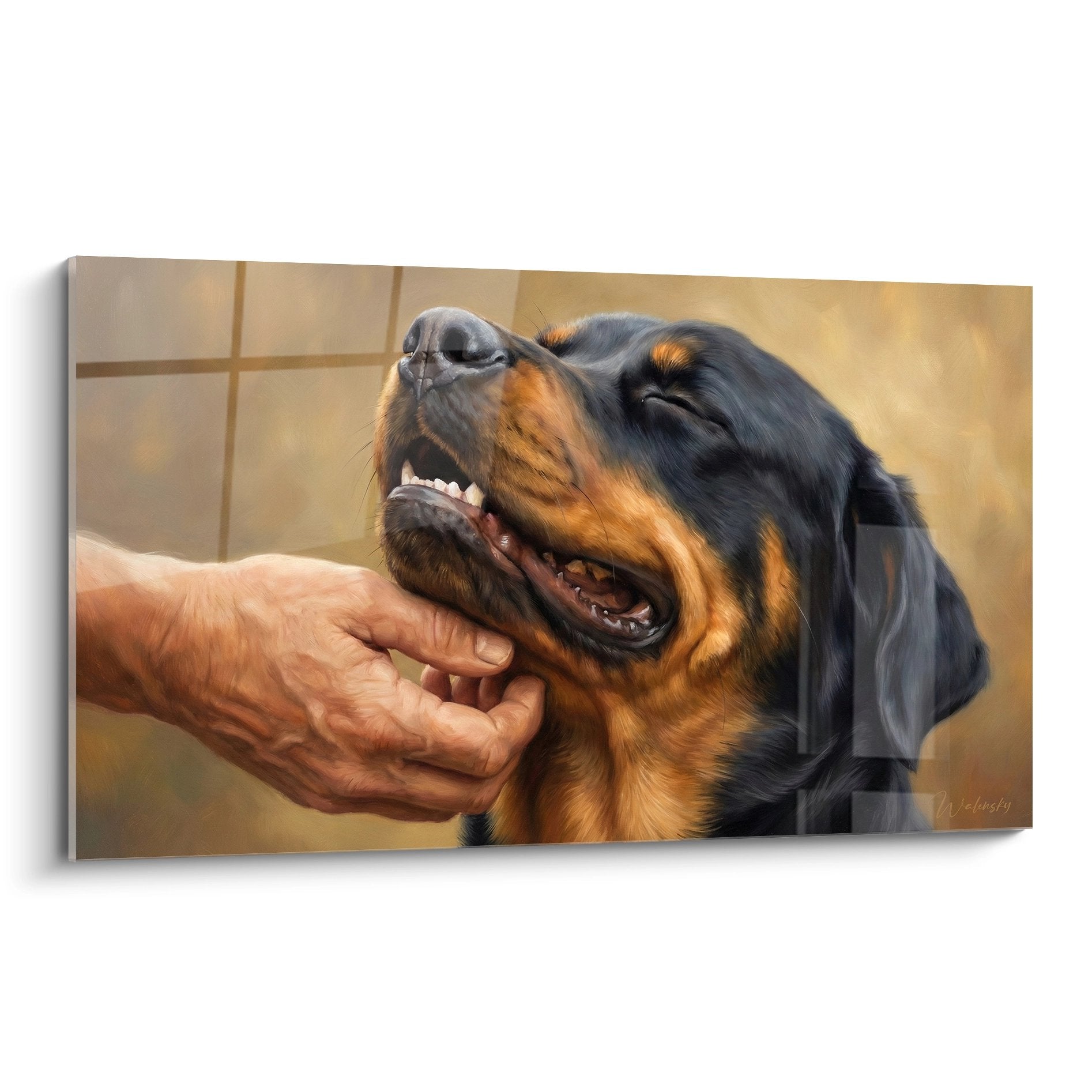 Tableau artistique Rottweiler souriant avec main humaine tendue dans lumière dorée sur fond carrelage beige