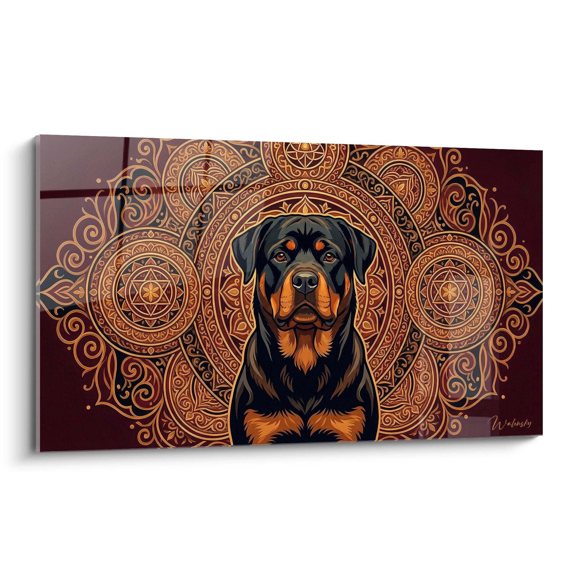 Tableau mural Rottweiler noir et feu sur fond mandala doré bordeaux ornements orientaux décoratifs