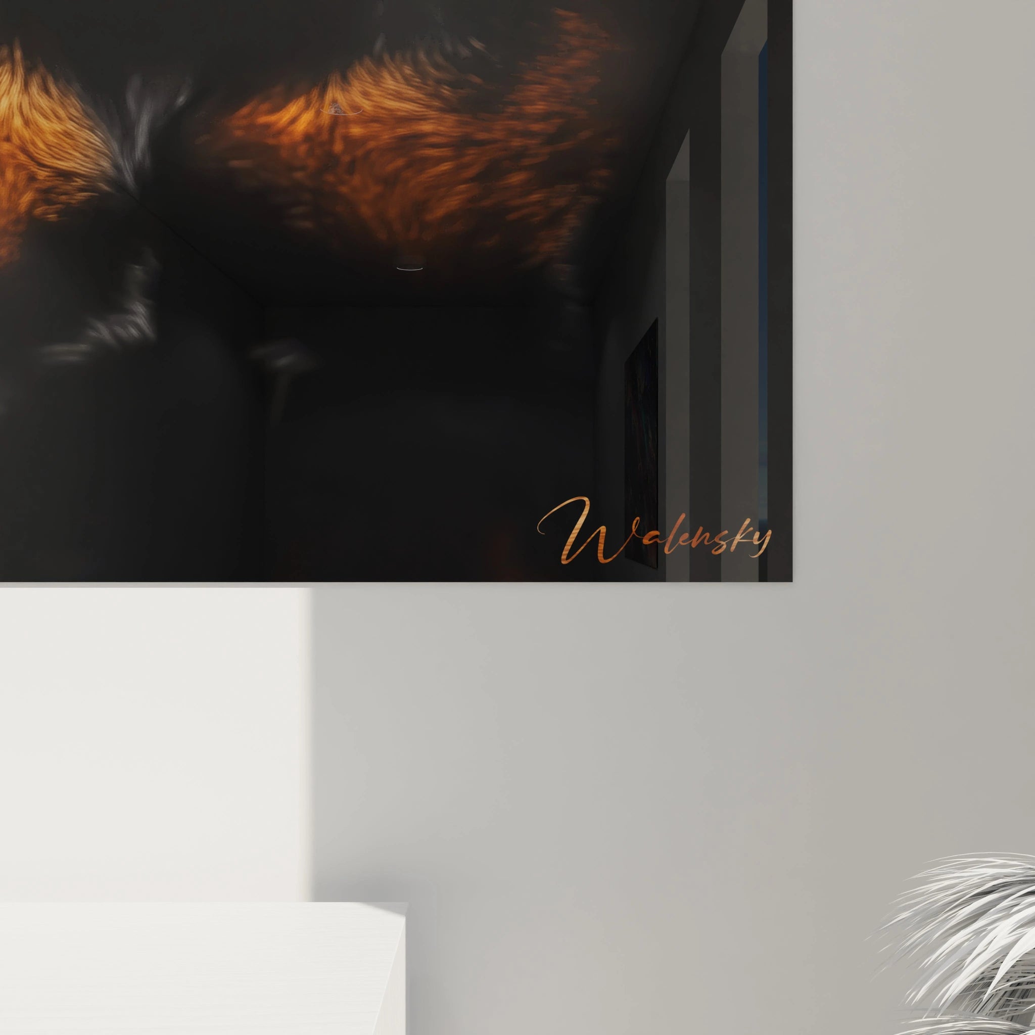 Un tableau rottweiler aux détails minutieux capturant l'essence majestueuse de cette race. La composition centrée sur fond noir fait ressortir le contraste entre le pelage sombre et les marques feu distinctives, créant une présence imposante et noble.
