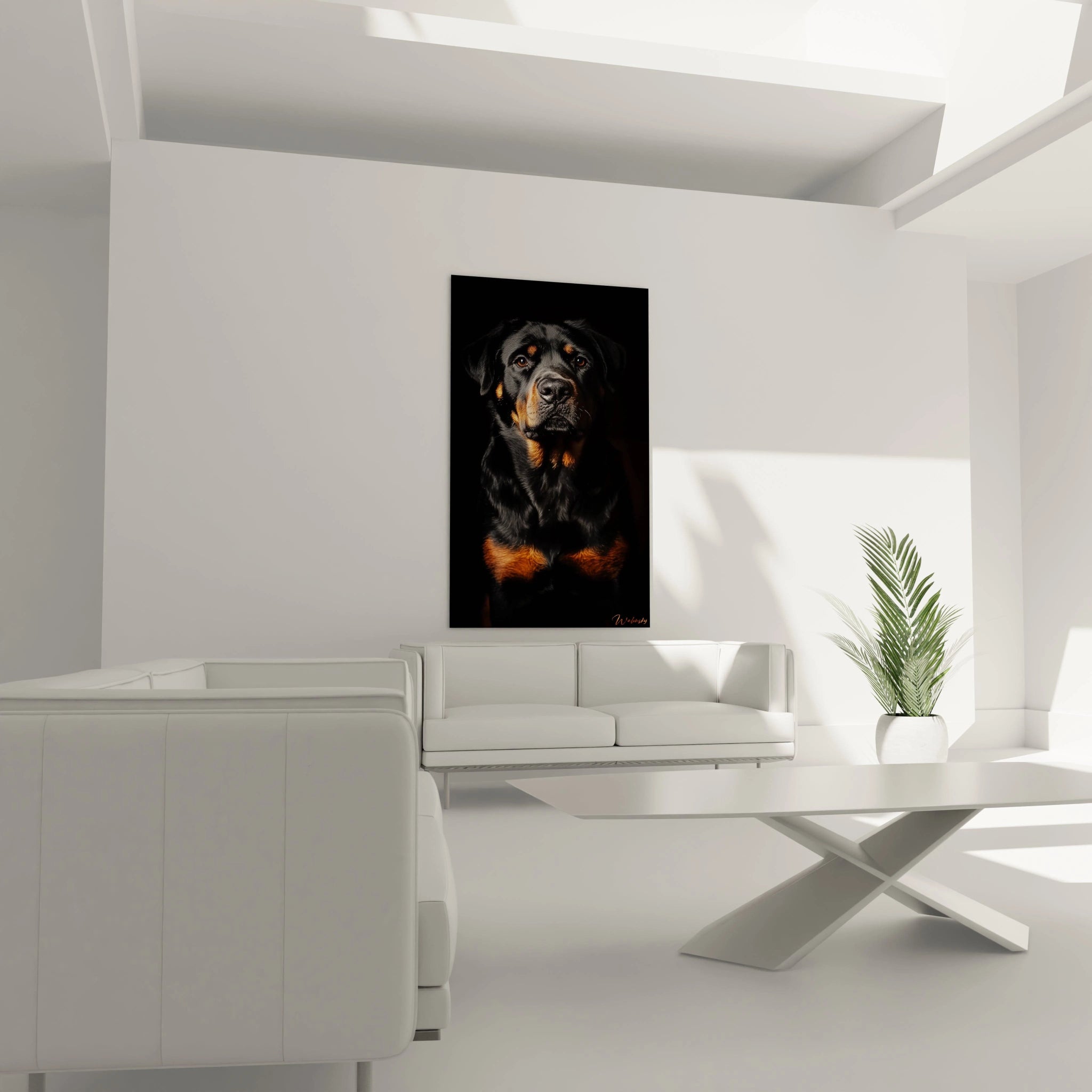 Un tableau rottweiler hyperréaliste présentant un portrait canin sur fond noir profond. Les nuances de noir, brun et ambre s'entremêlent pour former un pelage d'apparence soyeuse, avec un regard perçant dirigé vers l'observateur.

