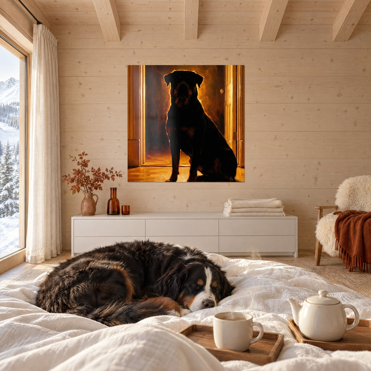 Quadro rottweiler scuro di guardia davanti a una cornice di porta giallo oro, cane bernese addormentato, appeso sopra un letto in una camera luminosa