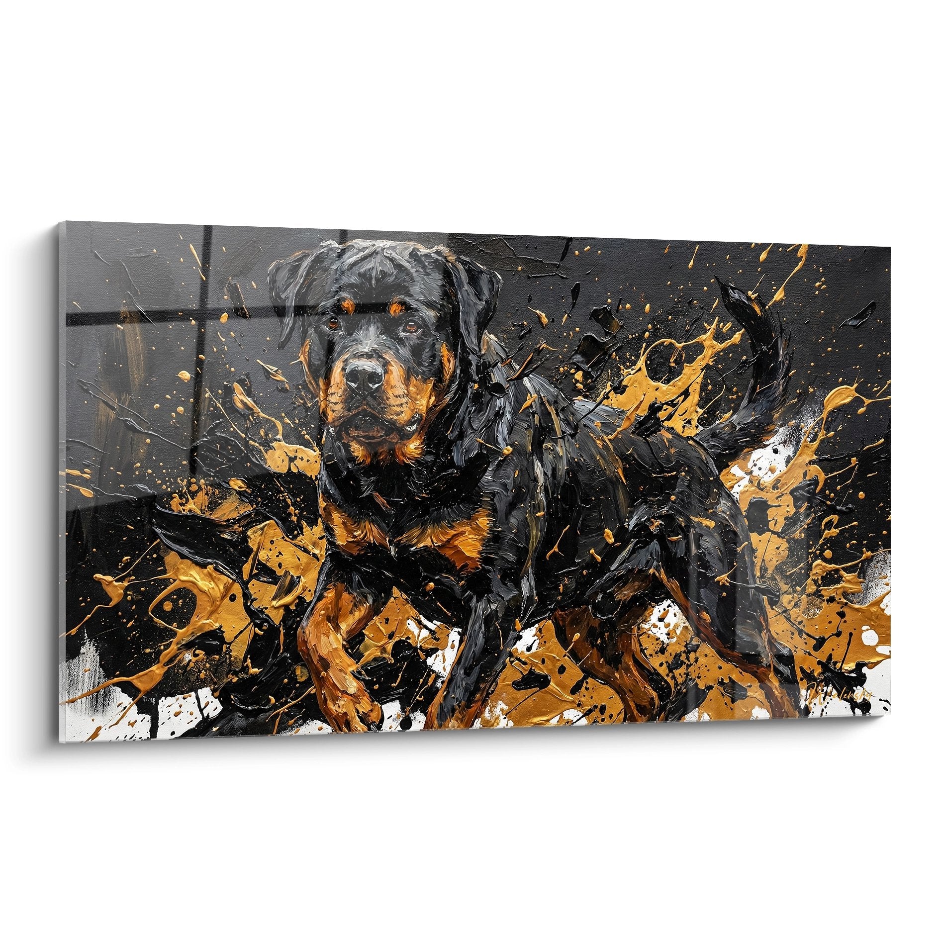 Tableau moderne Rottweiler noir aux yeux intenses avec éclaboussures orange et dorées sur fond sombre