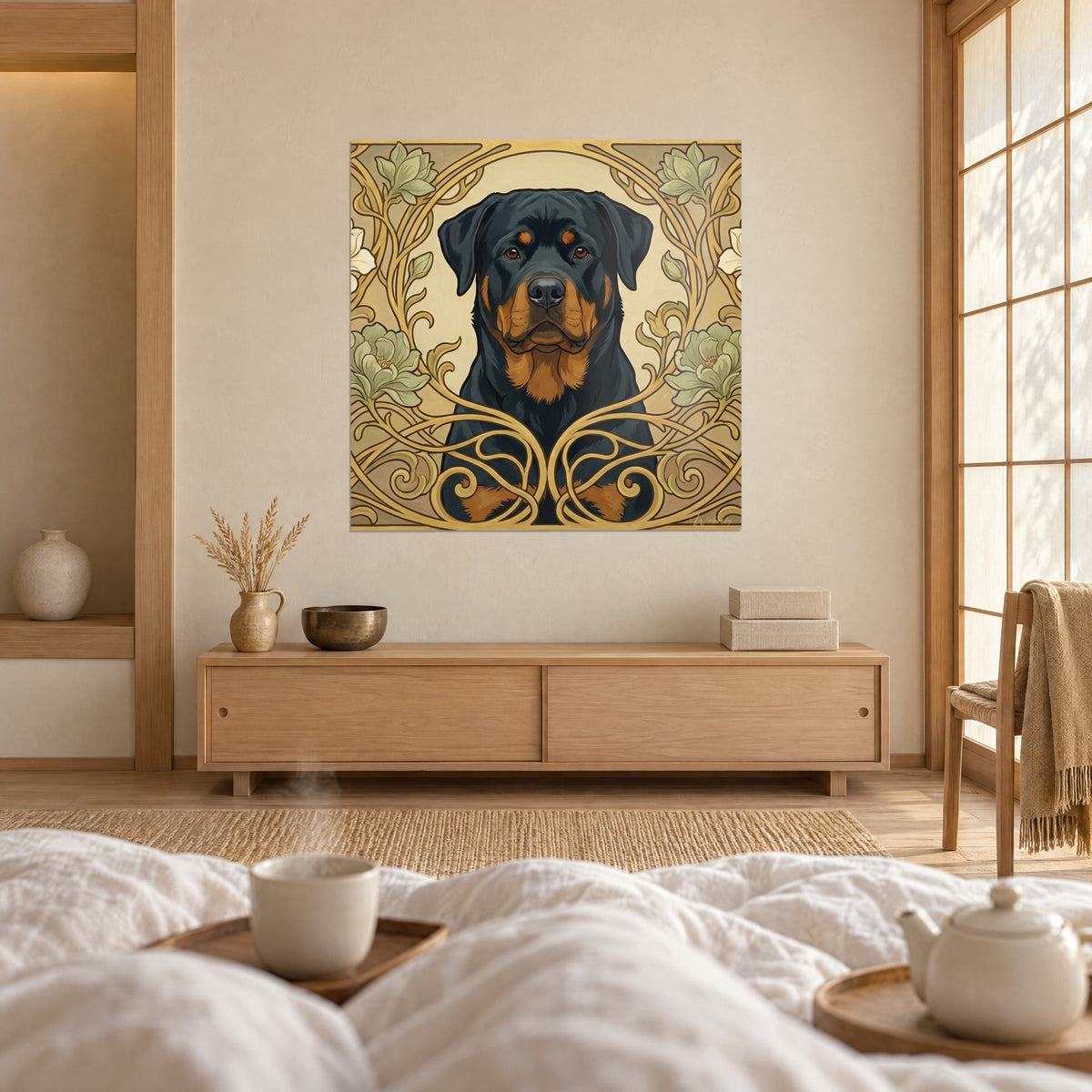 Gemälde schwarzer Mastiff mit kupferfarbenen Wangen, umgeben von ockerfarbenen Arabesken und hellgrünen Magnolien, über einem Bett in einem hellen Schlafzimmer