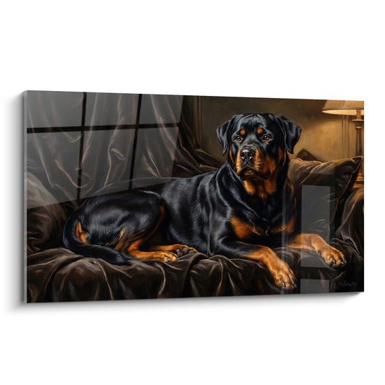 Obraz Rottweilera w Czerni i Ognistym Odcieniu na Skórzanej Sofie - Szlachetna Spokój - Edycja Rottweiler