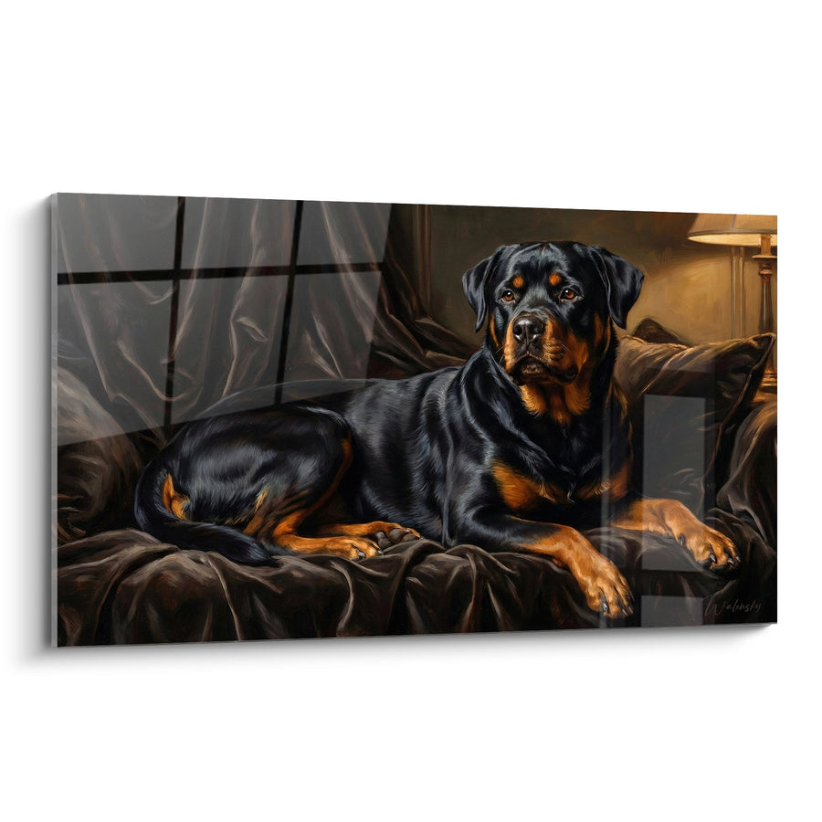 Tableau Rottweiler Noir et Feu sur Sofa de Cuir - Noble Sérénité - Edition Rottweiler