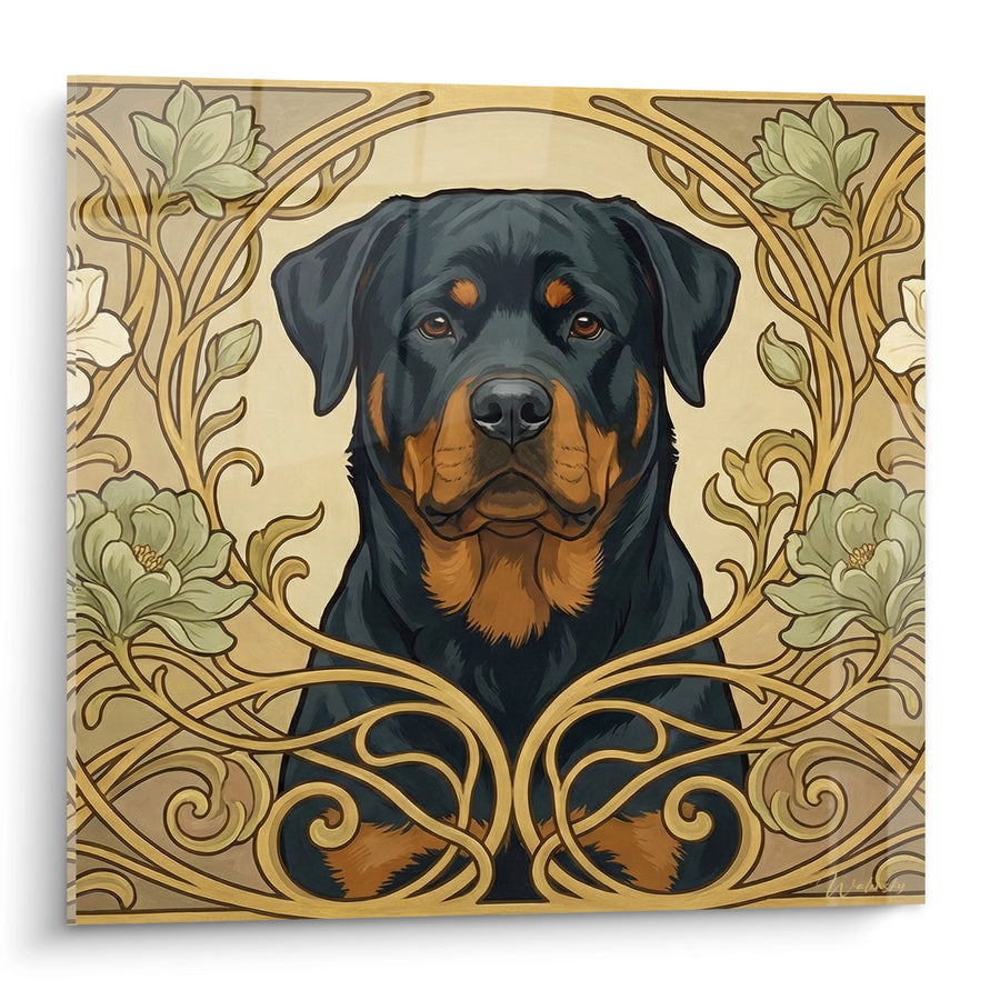 Tableau Rottweiler Noir et Feu sur Ornements Dorés Art Nouveau - Noblesse Canine - Edition Rottweiler